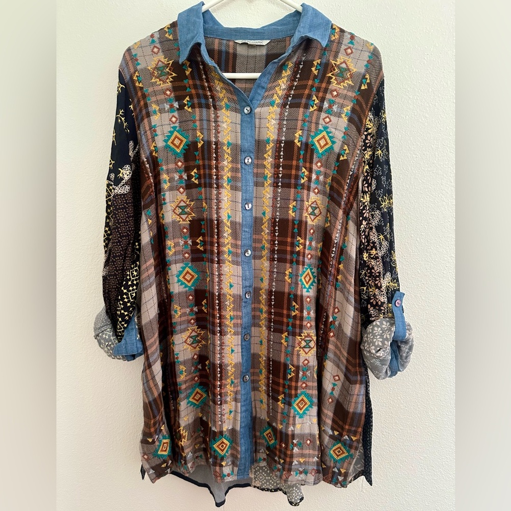 John Mark Multi-Pattern Brown Plaid Tunic with Teal Accents